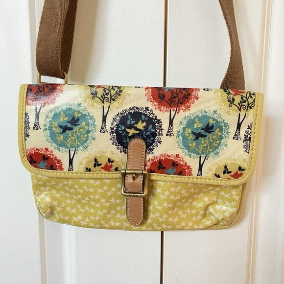 Fossil Bag Coasted Canvas Yellow Floral Bird Crossbody Purse - Picture 1 of 8